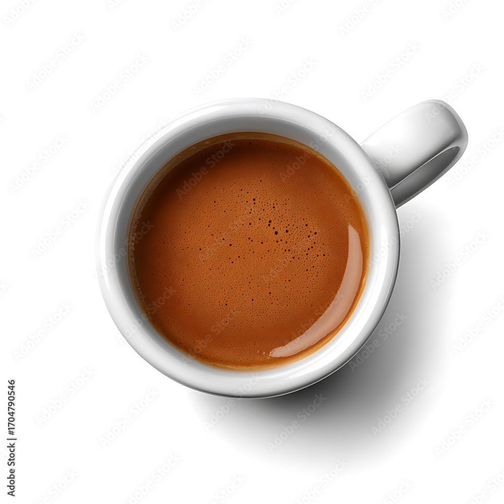 Naklejka premium Top-down view of a white ceramic cup filled with coffee, isolated on a white background