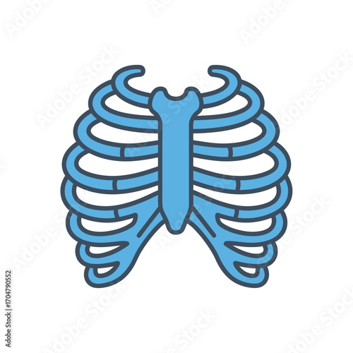 Illustration of a rib cage with sternum in blue outline against a white background.
