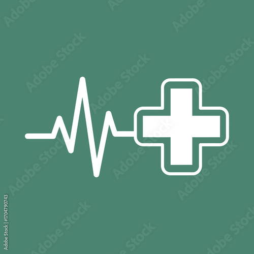 A white medical cross connected to a heartbeat line on a green background.