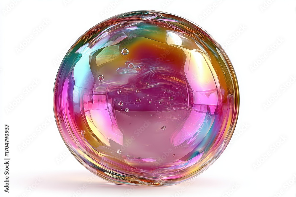 Obraz premium Iridescent soap bubble sphere on a white surface reflecting bright colors and shapes with texture, a stunning example of light refraction