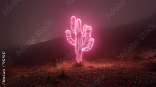 Glowing neon cactus in a desert landscape at night with foggy atmosphere