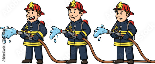 Cartoon firefighters spraying water in teamwork, emergency response illustration, kids coloring page, fire safety vector for education and awareness