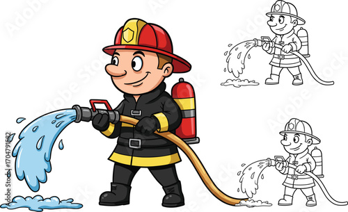 Cartoon firefighter spraying water with hose, safety uniform, oxygen tank, coloring page line art for kids and education