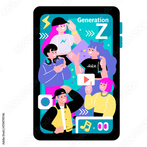 ポップでカラフルなZ世代の若者とスマホのイラスト