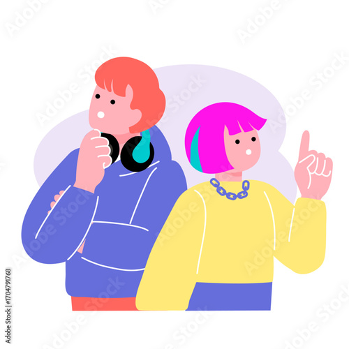 ポップでカラフルなZ世代の若者　気づく表情のイラスト
