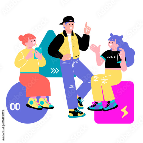 ポップでカラフルなZ世代の若者　ディスカッションをするイラスト