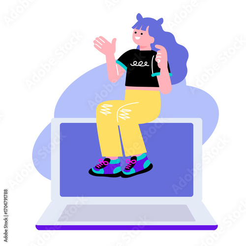 ポップでカラフルなZ世代の若者とパソコンのイラスト