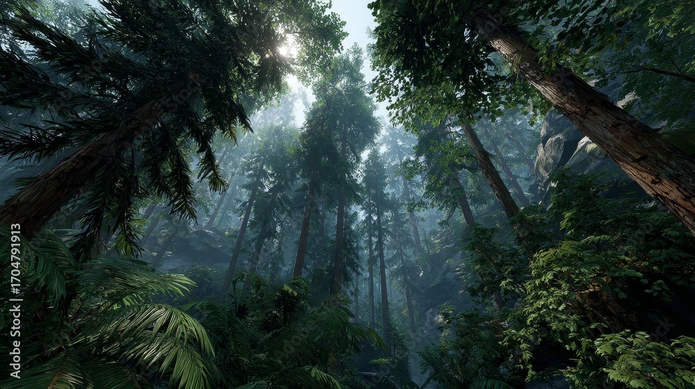 Fototapeta premium Ultra realistic Jurassic forest with towering cycads, giant ferns, ginkgo and conifer trees in humid misty jungle, sunlight filtering through dense canopy, immersive lush prehistoric vegetation scene