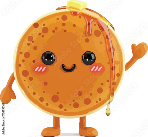 Cute Pancake Cartoon Character with Maple Syrup and Butter