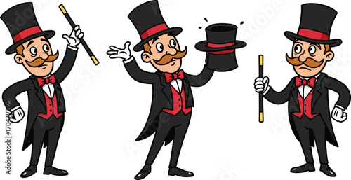 Cartoon magician character in tuxedo and top hat performing magic tricks with wand, hat, gestures, and expressions in multiple poses