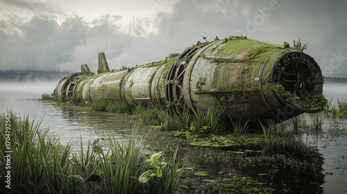 Overgrown rocket lies submerged in water surrounded by marsh vegetation