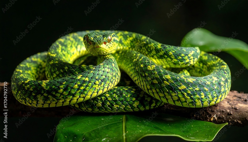 Fototapeta premium Venomous green snake coiled on branch