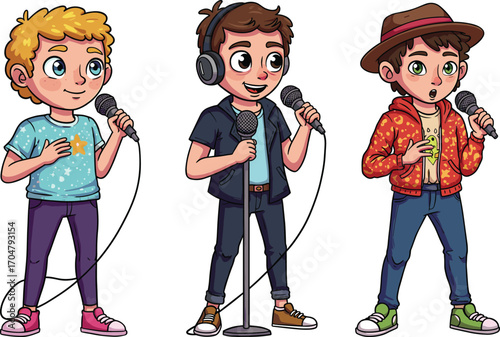 Cartoon singers with microphones in colorful outfits – cheerful kids, expressive poses, fun performance scene – vector illustration for entertainment use