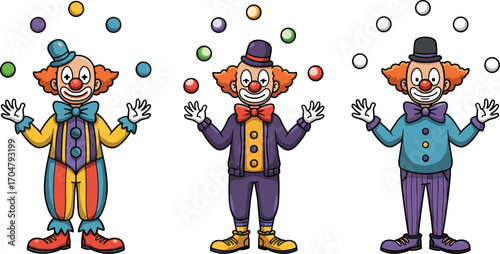 Colorful cartoon clowns juggling balls in circus performance, wearing vibrant costumes, top hats, and bow ties with joyful expressions and playful poses