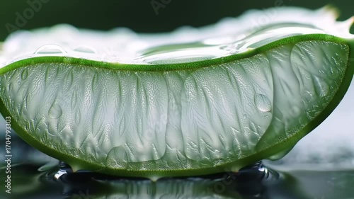 Aloe vera slice with water drops closeup