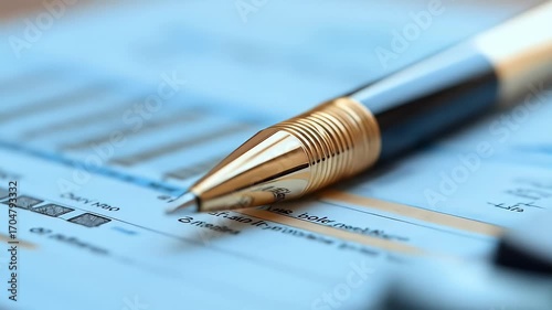 Close-up of a pen on a financial document.