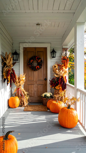 A cozy porch decorated with pumpkins and autumn garlands, creating a welcoming fall atmosphere.