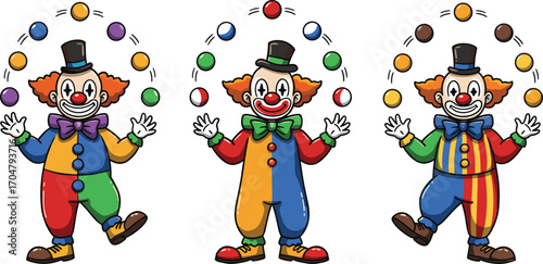 Colorful cartoon clowns juggling balls in circus performance, wearing vibrant costumes, top hats, and bow ties with playful expressions and dynamic poses