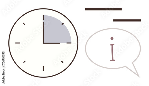 Clock with shaded quarter segment indicating time and speech bubble with i for information. Ideal for productivity, planning, scheduling, deadlines, communication, organization, education. Simple