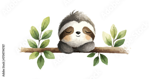 Cute sloth on branch with leaves