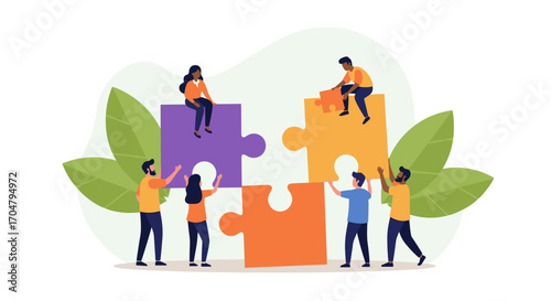 Teamwork and Collaboration Concept with People Assembling Puzzle Pieces.