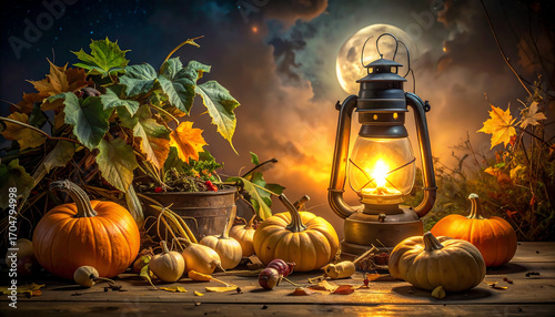 Cozy autumn scene featuring pumpkins and a lantern, illuminated by a glowing moonlight in a serene environment.