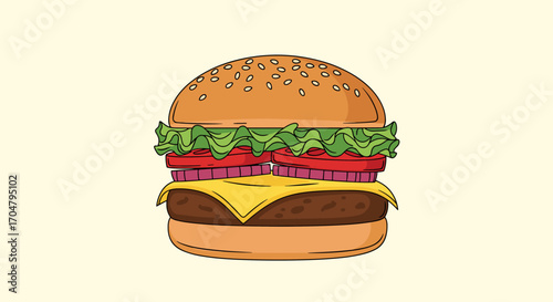 Delicious Cheeseburger with Fresh Ingredients Isolated on Light Background.