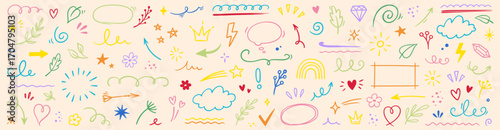 Line icon cute element set. Doodle line color icon decorative arrow, cloud, crown, sparkle and flower. Hand drawn heart, sketchy figure, funny outline and cartoon ribbon for kids. Vector illustration