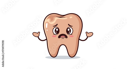 Sad Tooth Character Illustration with Shrugging Shoulders.