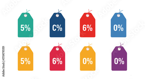 Collection of colorful price tags with different percentage discounts.