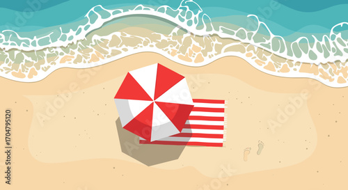 Beach Umbrella and Towel on Sandy Shore with Ocean Waves.