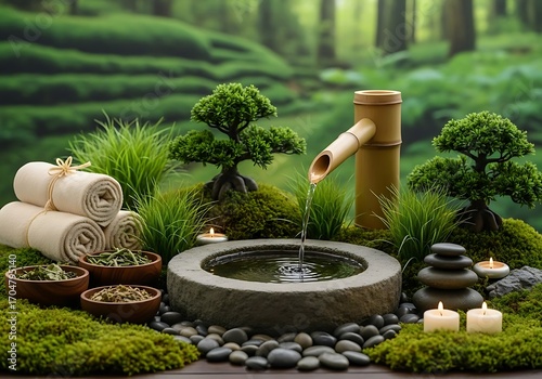 Tranquil Zen garden spa setting with a bamboo water fountain, bonsai trees, and candles for holistic wellness and relaxation therapy