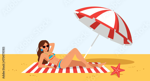 Woman relaxing on beach under umbrella enjoying summer vacation.