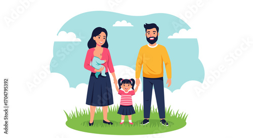 Happy Family with Baby and Child Outdoors.