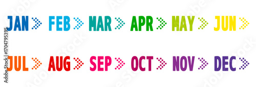 colorful 12 months bullet points, from january to december dotted triangle arrow markers, vector infographics elements
