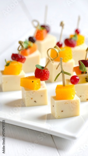 Cheese and fruit skewers on a plate