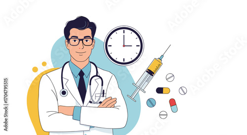 Doctor with Stethoscope and Syringe Clock Pills.