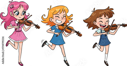 Three animated girls joyfully playing violins in colorful outfits, cheerful vector illustration for music education, children’s concert, school performance, and creative learning themes