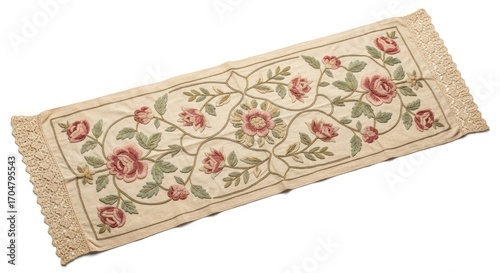 Elegant embroidered floral table runner with lace trim