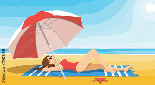 Woman sunbathing on a beach under an umbrella.