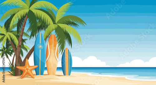 Tropical Beach Scene with Palm Trees and Surfboards.