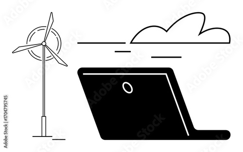 Wind turbine, cloud, and laptop highlight renewable energy, technology, sustainability, innovation, eco-friendly solutions, clean energy reliance and sustainable progress. Ideal for tech-eco