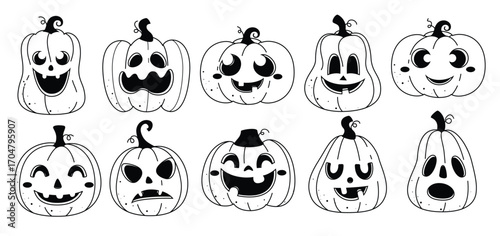 Pumpkin outline drawing clipart set. Halloween pumpkins icon characters clip art in doodle lines black and white collection with cute, scary, funny and mean faces design vector illustration.
