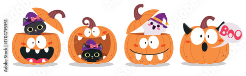 Pumpkin orange character clipart set. Halloween pumpkins cartoon, cat and ghost character with open and close orange calabaza clip art collection for holiday season elements design vector illustration