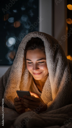 Woman wrapped in blanket using smartphone in dim light at night indoors
