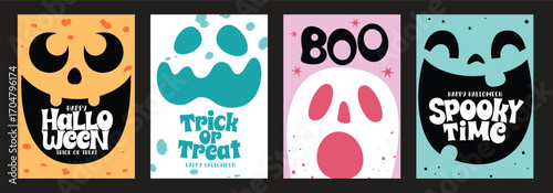 Happy Halloween greeting card poster clipart set. Halloween, trick or treat, boo and spooky text in abstract clip art template collection for horror poster background vector illustration.
