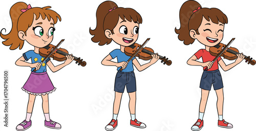 Three cartoon girls happily playing violins in coordinated outfits, cheerful vector illustration for music education, children’s concert, school performance, and creative learning themes