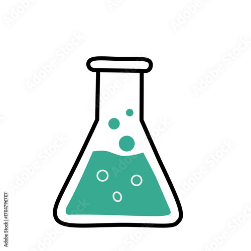 Flat vector illustration of an Erlenmeyer flask filled with green liquid and bubbles. Laboratory glassware icon for science, chemistry, and education design