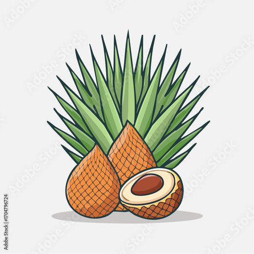 Vector illustration of exotic Salak snake fruit with tropical palm leaves isolated on a white background