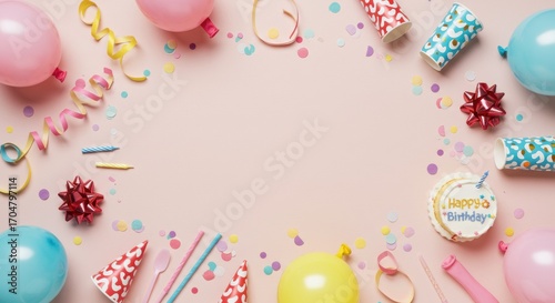 Cheerful birthday party frame with colorful decorations, balloons, confetti, and a small cake on a pastel pink background for festive invitations
